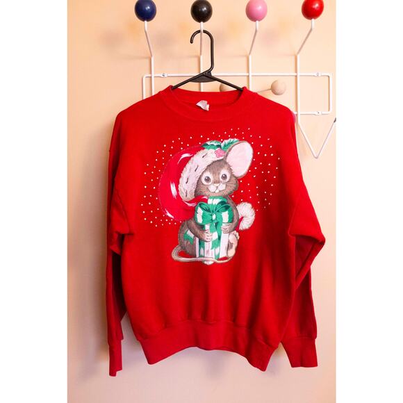 Vintage Christmas Mouse Sweatshirt – Red Holiday Crewneck, Made in USA, Size M - Picture 3 of 4
